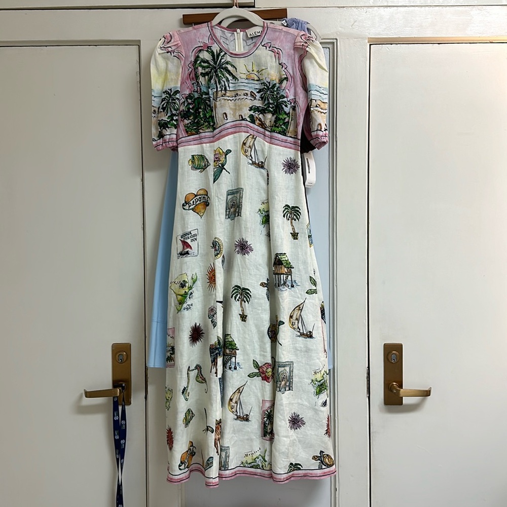 ALEMAIS Sunset Puff-Sleeve Printed Linen Midi Dress